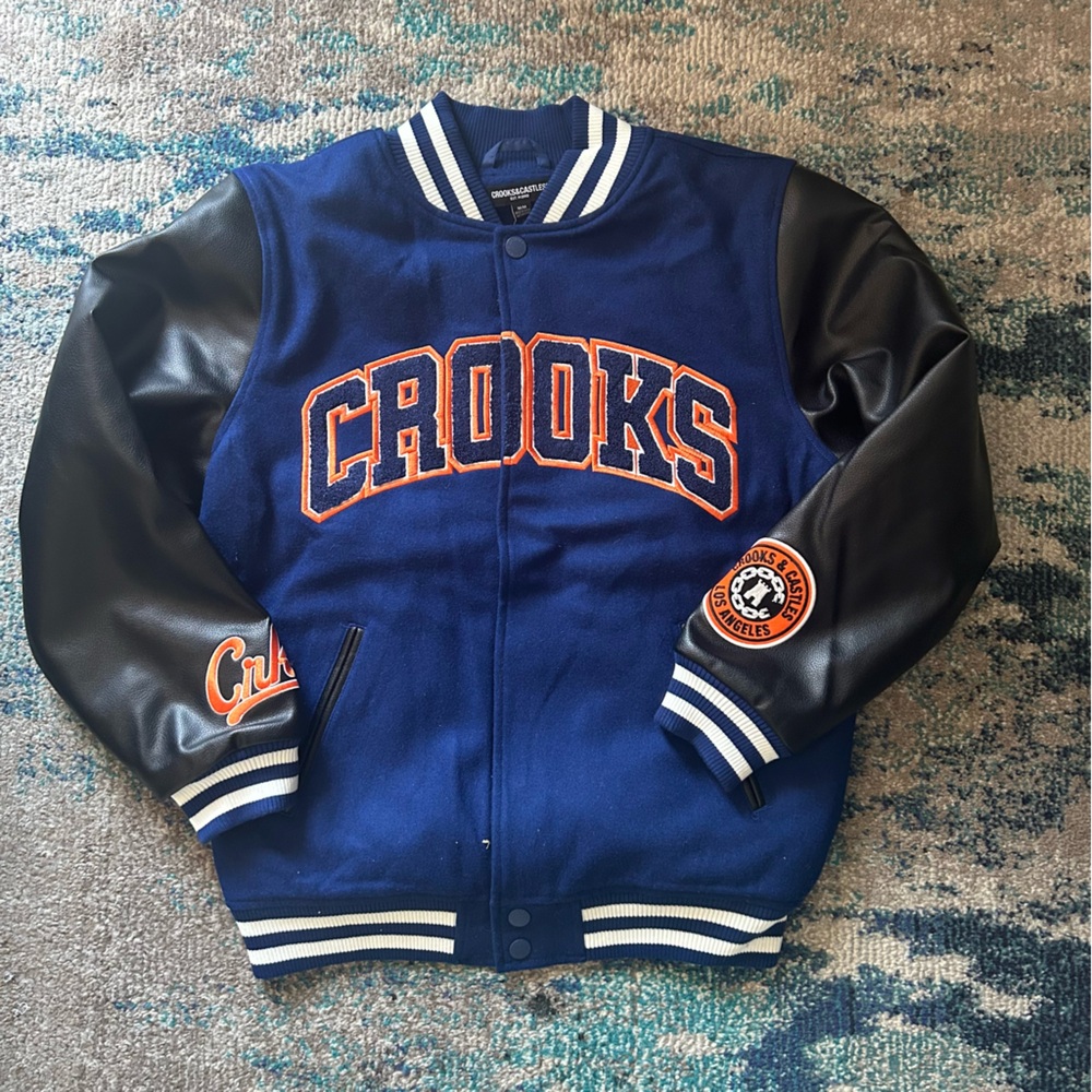 CROOKS & CASTLES wool Varsity Jacket w/Leather Sleeves NEW Sz M